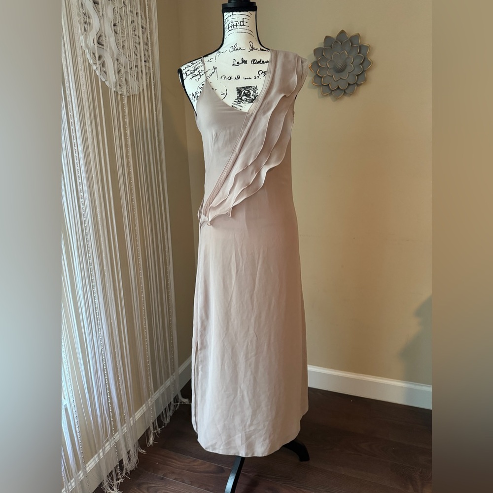 Mango Blush Pink Sleeveless Midi Dress with Ruffle Detail